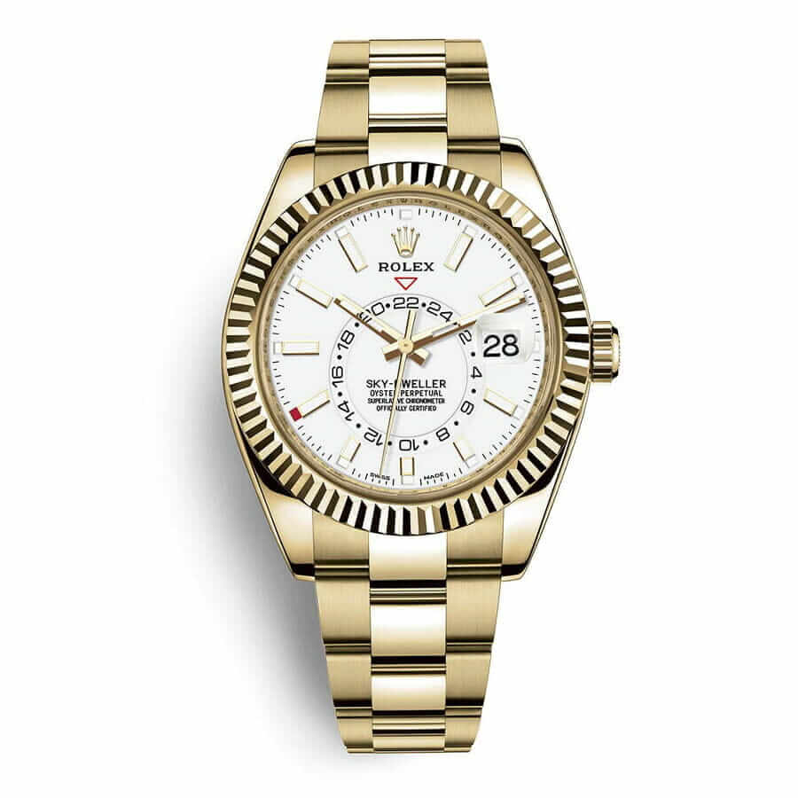 rolex-sky-dweller-white-dial-326934-oyster-replica1-1 Rolex Sky-Dweller Yellow Gold with Fluted Bezel White Stick Dial 326938 Oyster - Image 1